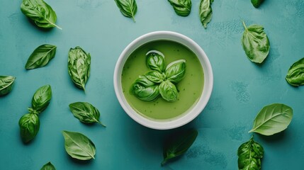 Poster - Minimalist overhead view of green basil soup in a bowl surrounded by fresh basil leaves on a teal surface