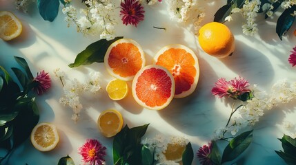 Poster - Overhead view of vibrant sliced citrus fruits surrounded by colorful flowers on a bright countertop setting