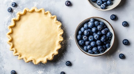 Poster - Blueberry pie preparation with an overhead view of raw pie crust and fresh blueberries on a gray textured surface