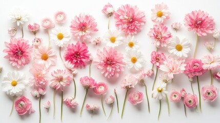 Poster - Assorted pink daisies and ranunculus flowers arranged elegantly on a white background for a fresh floral aesthetic.