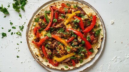 Poster - Overhead view of Fajita Tostada with gluten free tortillas garnished with peppers and cilantro on a rustic white background