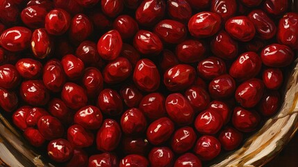 Poster - Vibrant close-up of freshly harvested red dates arranged in a rustic bowl showcasing their glossy texture and rich color