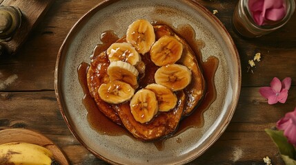 Aufkleber - Overhead view of delicious crepes topped with caramelized bananas and syrup served on a rustic wooden table for breakfast.