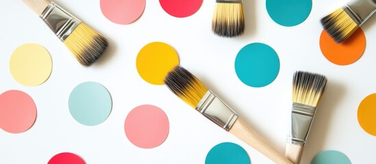 Fototapete - Paint brushes on vibrant paper circles creating a creative backdrop for home renovation and DIY project inspiration