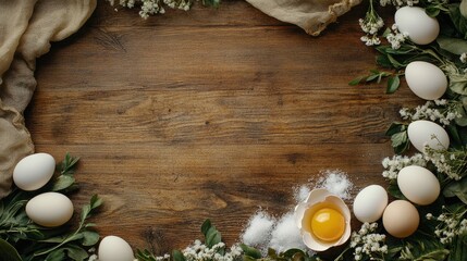 Poster - Rustic wooden table adorned with fresh eggs, a cracked egg, sugar, and a whisk surrounded by delicate greenery and flowers