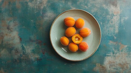 Poster - Overhead view of fresh organic apricots on a rustic plate showcasing healthy eating and vibrant colors for food and lifestyle themes