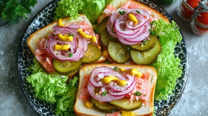 Poster - Overhead view of open sandwiches topped with pickles onions lettuce and mustard arranged on a decorative plate with fresh greens