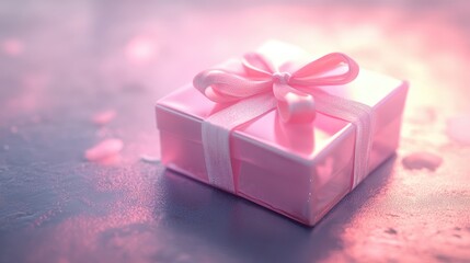 Poster - Elegant pink Christmas gift box with ribbon on a soft blurred background, perfect for holiday celebrations and seasonal promotions.