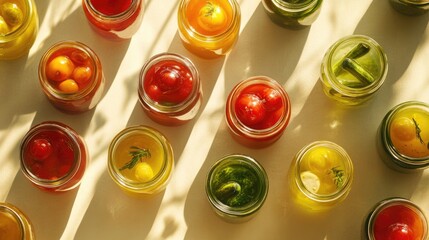 Aufkleber - Overhead view of colorful pickled vegetables in jars on a bright surface highlighting vibrant colors and natural light effects