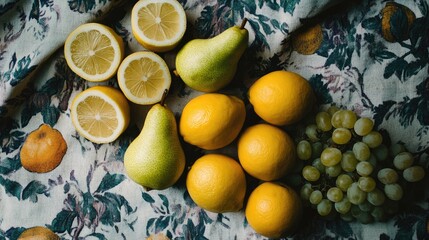 Poster - Overhead arrangement of fresh lemons pears and grapes on floral patterned tablecloth in bright natural lighting