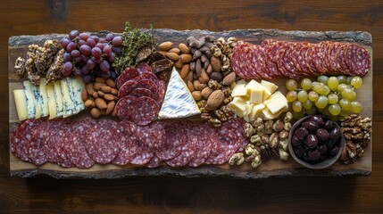 Poster - Traditional charcuterie board overhead with assorted meats, cheeses, nuts, and grapes on rustic wooden table setting