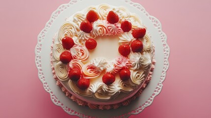 Poster - Overhead view of a decorative cake adorned with whipped cream and fresh strawberries on a pastel pink background