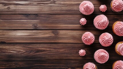 Poster - Delicious pink frosted cupcakes arranged on a rustic wooden surface ideal for dessert and bakery themed promotions.