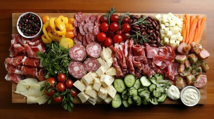 Poster - Overhead view of a rustic meat and cheese platter featuring assorted cured meats, cheeses, vegetables, and garnishes on a wooden board