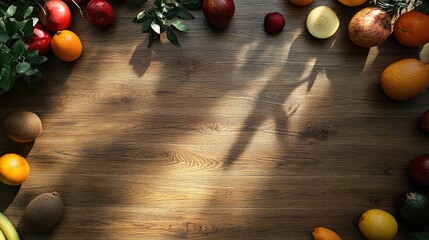 Poster - Overhead view of colorful fruits and vegetables arranged on a wooden surface with soft shadows creating a warm natural ambiance