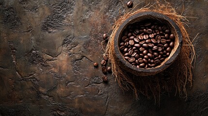 Poster - Overhead view of roasted coffee beans in a coconut shell on a textured rustic background capturing the essence of still life photography