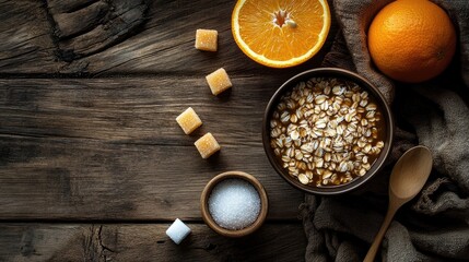 Poster - Overhead view of a rustic breakfast with oats, fresh orange, coffee, and sugar cubes on a wooden table ideal for healthy food concepts