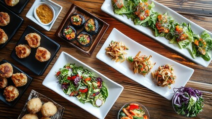 Poster - Overhead view of colorful salads and appetizers beautifully arranged on a wooden table for a vibrant culinary presentation.