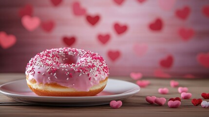 Poster - Delicious pink donut adorned with sprinkles on a white plate surrounded by heart-shaped candies on a rustic wooden table