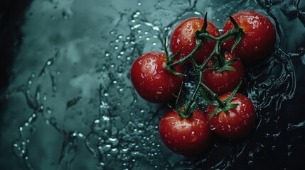 Poster - Overhead view of fresh ripe red tomatoes with water droplets highlighting their freshness and vibrant natural beauty on a dark surface