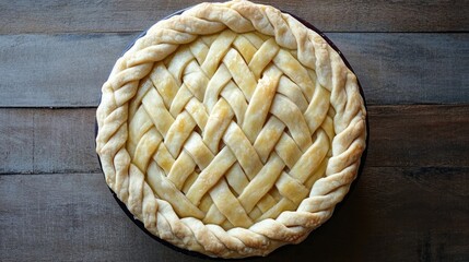 Poster - Overhead view of a beautifully braided pie crust resting on a rustic wooden table background showcasing its intricate design