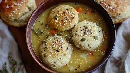 Poster - Overhead view of hearty soup in bowl with golden biscuits topped with seeds and herbs on rustic wooden table