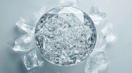 Poster - Overhead view of diamond-shaped bowl filled with sea salt surrounded by ice cubes on a light grey surface