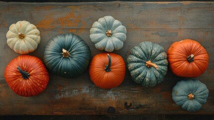 Poster - Overhead view of various pumpkins in different colors arranged on a rustic wooden table creating a seasonal autumn aesthetic