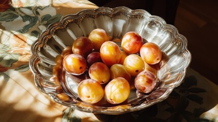 Aufkleber - Bowl of fresh ripe plums with unique coloring set on a floral tablecloth in warm sunlight creating a cozy and inviting atmosphere