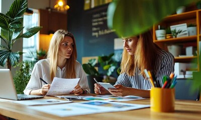 Poster - Two Businesswomen Collaborating on Project in Modern Office Setting