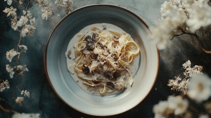 Poster - Overhead view of creamy fettuccine pasta with mushrooms elegantly presented on a plate surrounded by delicate floral accents