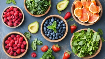Aufkleber - Healthy gourmet dinner spread with vibrant fruits and greens in rustic bowls on a dining table flat lay top view