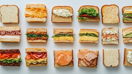 Poster - Assorted sandwiches arranged on a white surface showcasing diverse fillings and fresh ingredients in an overhead view