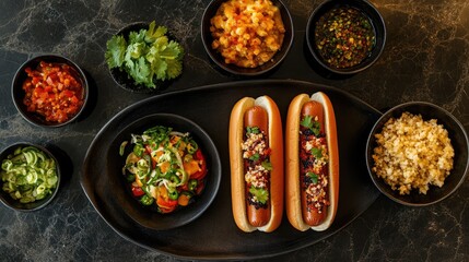 Poster - Overhead view of gourmet hotdogs served with colorful bowls of fresh toppings and sides on a dark marble table