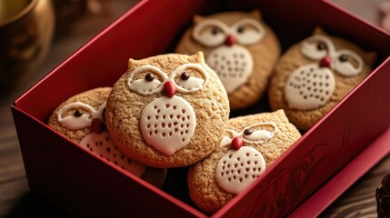 Poster - Owl Shaped Cookies in a Red Gift Box Perfect for Holidays and Celebrations