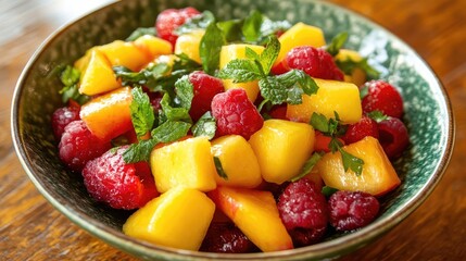 Poster - Delicious Fresh Fruit Salad with Raspberries and Peaches Served in a Decorative Bowl at Home