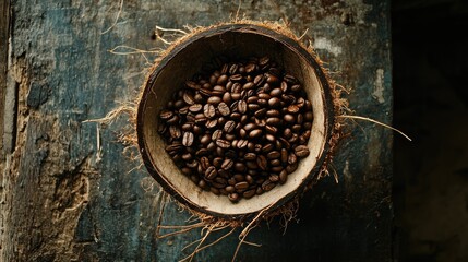 Aufkleber - Overhead view of roasted coffee beans in coconut shell on rustic wooden background showcasing natural still life aesthetic.