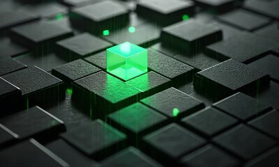 Poster - Glowing Green Cube Amidst Dark Matrix Abstract Digital Art Background