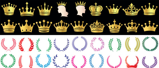 Wall Mural - Gold crown vector set, royal crowns, colorful laurel wreaths for luxury designs, emblems, royalty symbols, premium badges, decorative elements, crowns, royal crowns, laurel wreaths for event, heraldry