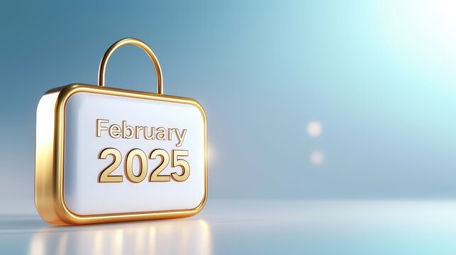 A 3D metallic calendar icon featuring february 2025 in a golden, minimalist style, floating on a smooth white background, emphasizing clean lines and elegance