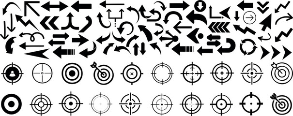 Wall Mural - Arrow target and crosshair vector set. Black direction arrows, turning signs, circular motion arrows, dartboard targets, crosshairs symbols. Arrows, targets, crosshairs icon for navigation, aiming des
