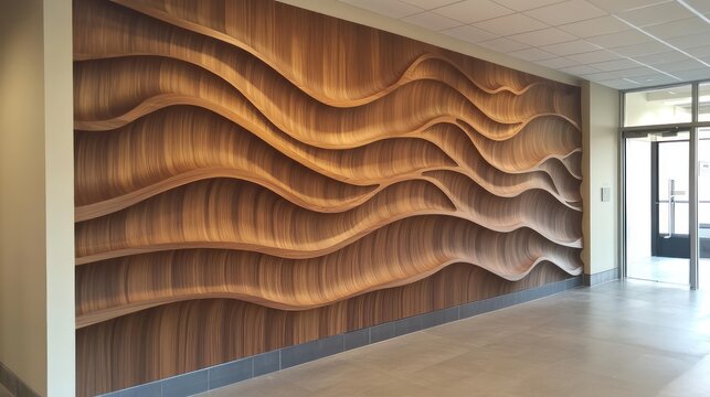 Wall featuring a dynamic wave pattern of curved wooden slats, giving off an artistic, modern appeal