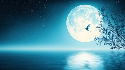 Poster - A lonely bird gliding across the moonlit sky, the full moon reflecting its silhouette against the dark backdrop of the night