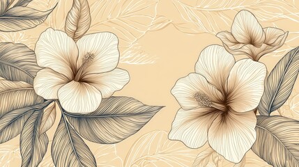 Fototapete - A minimalist tropical floral pattern featuring elegant line art of exotic flowers on a neutral background