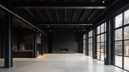 Poster - A modern black warehouse with an expansive, empty interior, large steel support beams, and minimalistic design that highlights the functional beauty of the space.