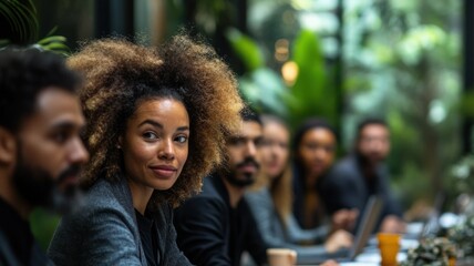 Poster - Diverse group of professionals engaged in a meeting surrounded by greenery