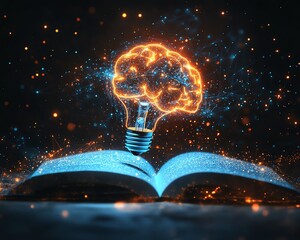 Fototapete - Virtual digital brain concept with AI technology, light bulb glowing above an open book with tech elements