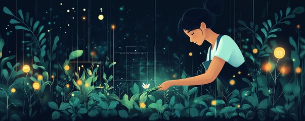 Aufkleber - Advanced smart farming, hand planting crops with visual concepts of IoT and AI analyzing agricultural data
