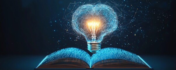 Fototapete - AI and machine learning illustration, light bulb and virtual digital brain above an open book, symbolizing knowledge