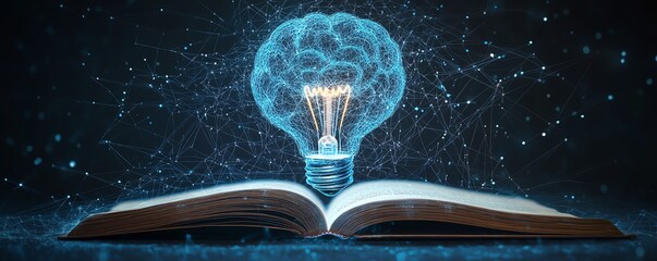 Fototapete - AI and machine learning illustration, light bulb and virtual digital brain above an open book, symbolizing knowledge